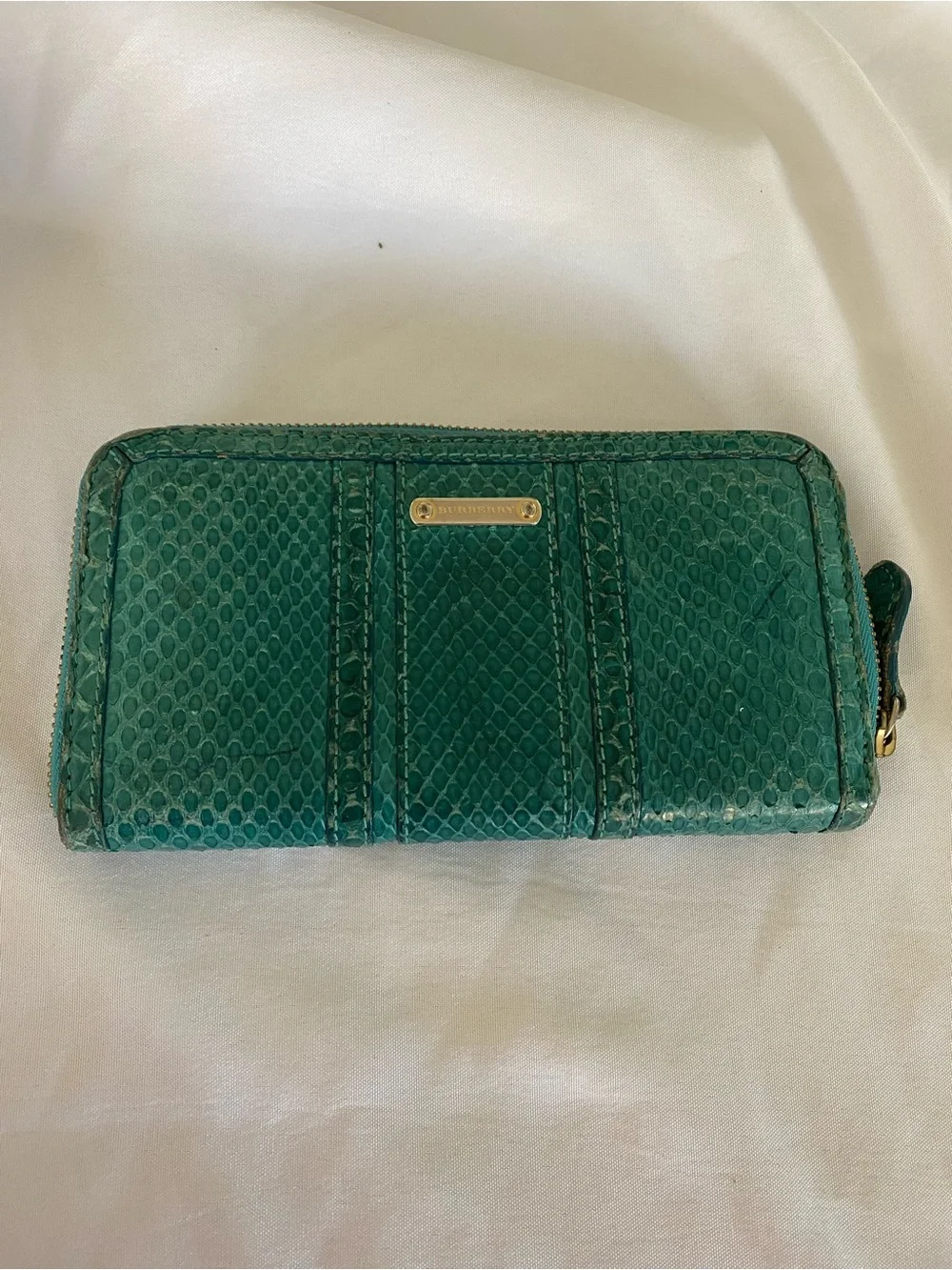 Burberry Teal Blue/Green Snakeskin Zip Wallet with Gold Logo Plate